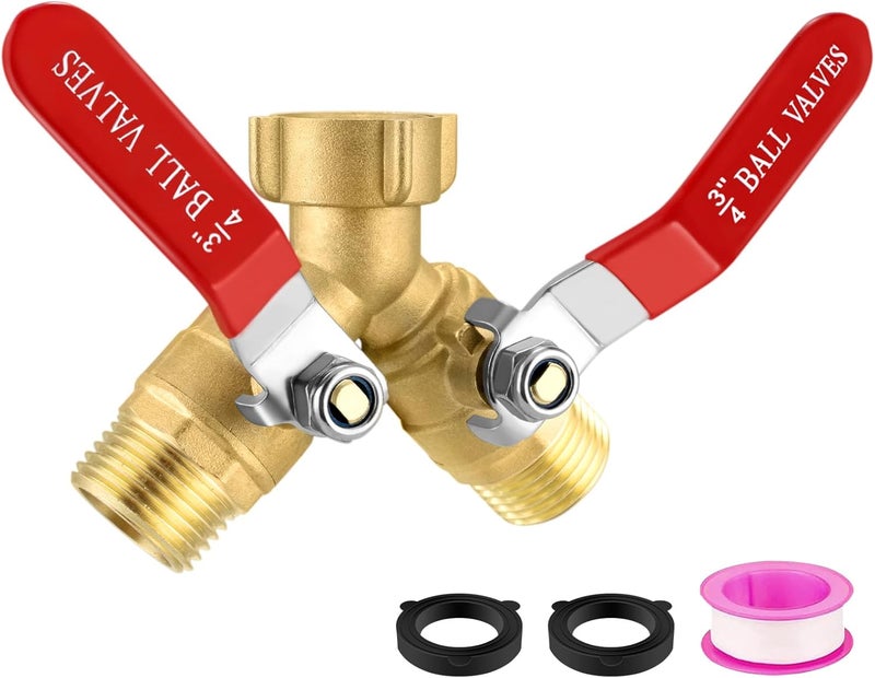 windblowgrass Garden Hose Splitter 2 Way Heavy Duty, Brass Water Hose Splitter with Stainless Steel Long Handle, 3/4 Inch GHT Thread Hose Y Splitter with Shutoff, Faucet Splitter 2 Way with 2 Extra Washers & 1Tape - Image 1